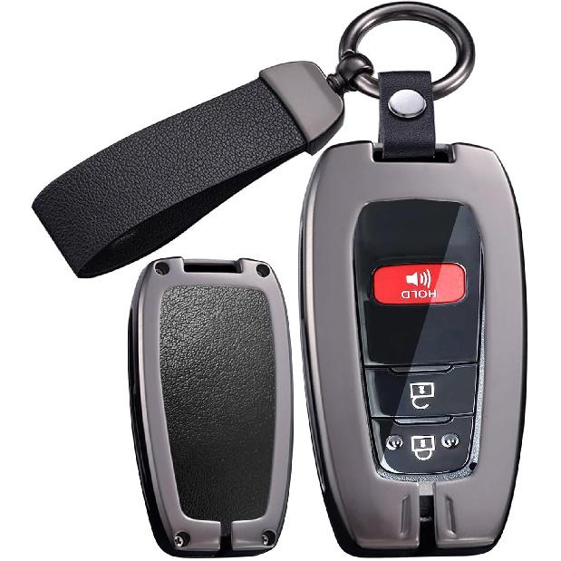 

ontto Key Fob Case Fit for Toyota Camry Rav4 Corolla Corolla Cross Corolla Hatch Highlander 4Runner Land Cruiser Tundra 2019-2025 Metal and Leather Long-keychain-black