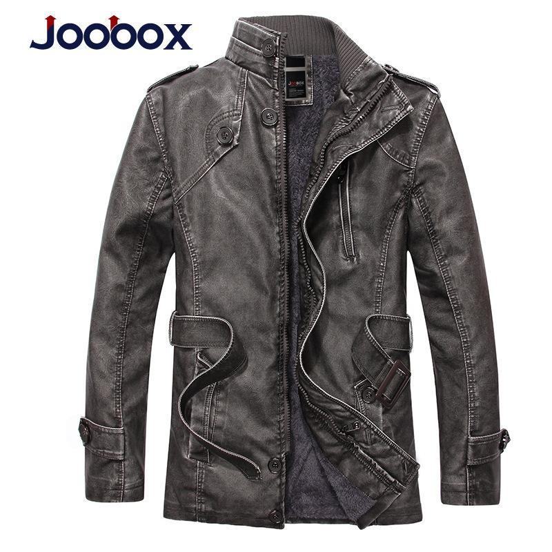 JOOBOX Men's Men's Leather Jacket Slim Stand Collar Mid-Length Washed Motorcycle Leather and Velvet Windbreaker