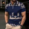 Women Short Sleeve Polo Shirt Dark Blue Teal Spiral Dot Circle Print Half Zip Lapel Top