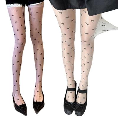 Vintage Elegant See Through Tights with Cats Paws Bowknot Patterned Aesthetic Sheer Silk Pantyhose Hosiery for Women