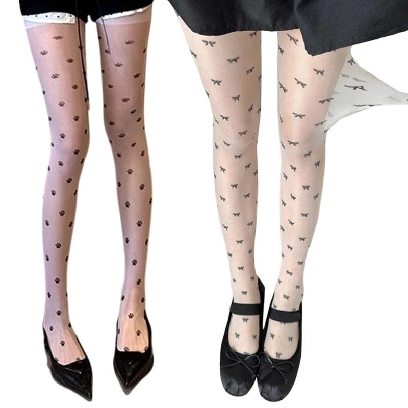 Women Aesthetic Sweet Cats Paws Bowknot Printed Sheer Silk Tights Stockings Thin See Through Pantyhose Leggings Hosiery