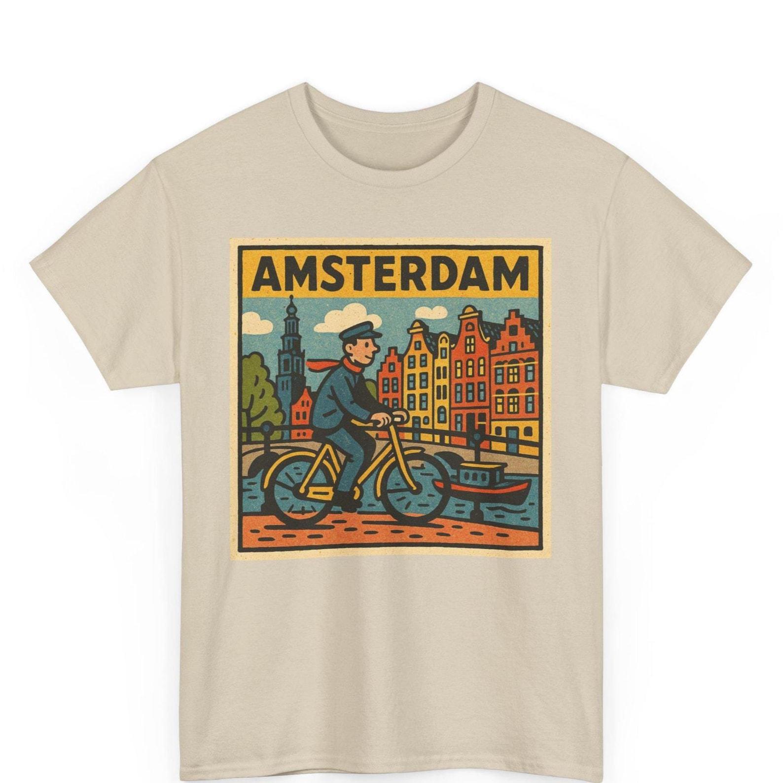 Amsterdam Retro Comic T-Shirt: Vintage Dutch Canal Houses Tee S