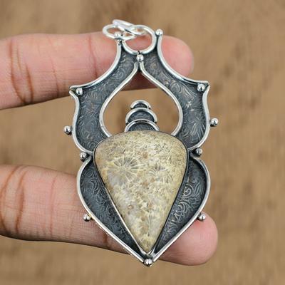 Anniversary Gift For Her Natural Fossil Coral Gemstone Pendant 925 Silver