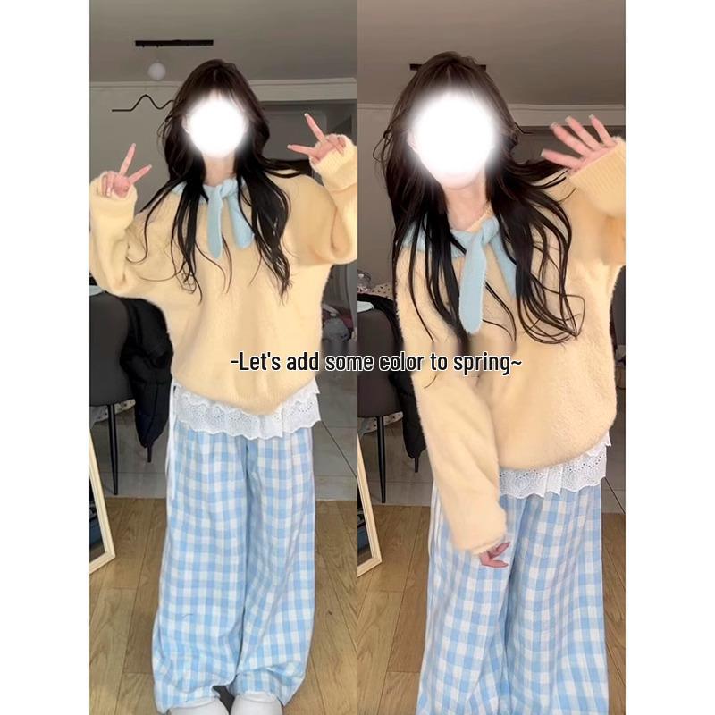

High Waist Blue Plaid Women s Pants - 2025 Spring/Summer Loose Casual Wide Leg M