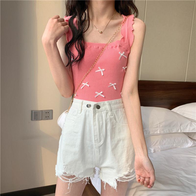 Summer New Women's Wear Korean Version of Wooden Ear Edge Bow Knit Elastic Vest with Halter Top