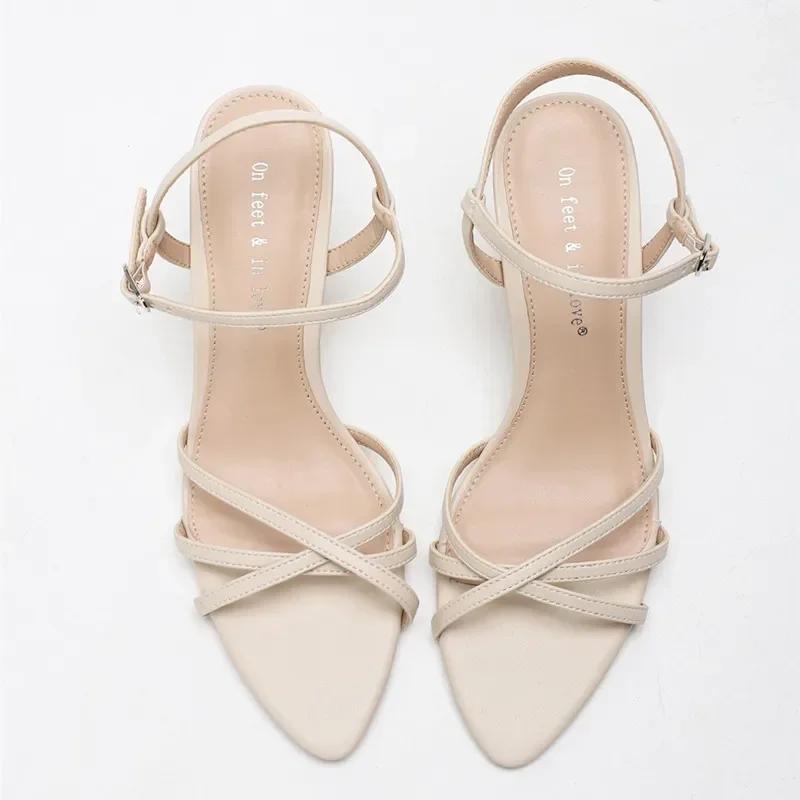 Fashion Elegant Ankle Strap Pointed Toe Design Heels Sandals Women Fashion Narrow Band Slide Sandals Concise Comfort Dress Office Shoes