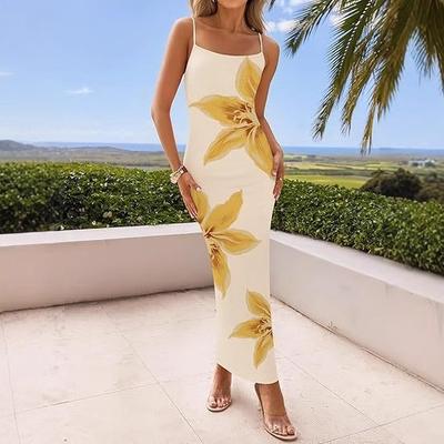 Women's Summer Sexy Suspender Backless Flower Print Slim Long Dress