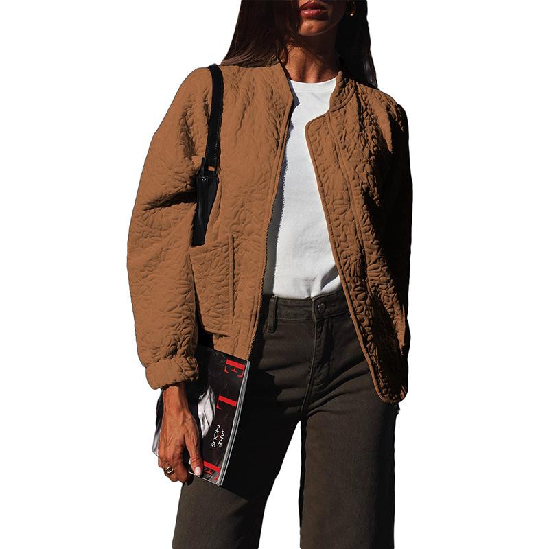 

2025 winter new versatile thermal stand-up neck jacket for women, simple flower texture long-sleeved jacket for women XXL