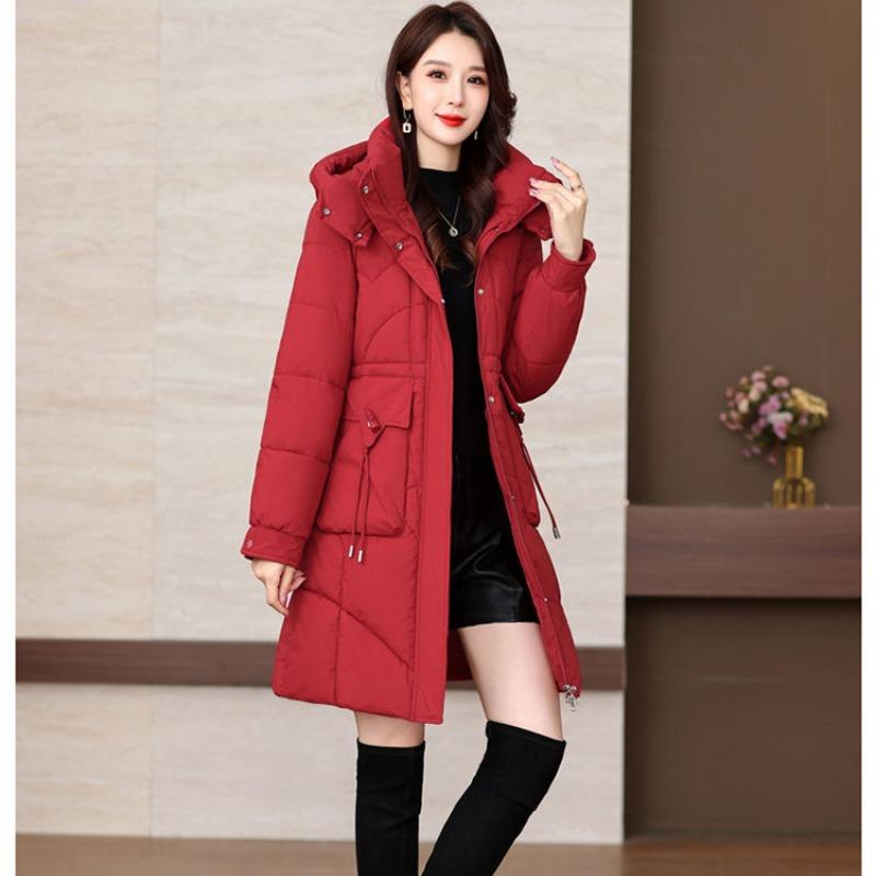 Winter Women Medium To Long Cotton Jacket Thickened Warm Casual Stand Collar Hooded Parker Coat Solid Color Warm Cotton Jacket