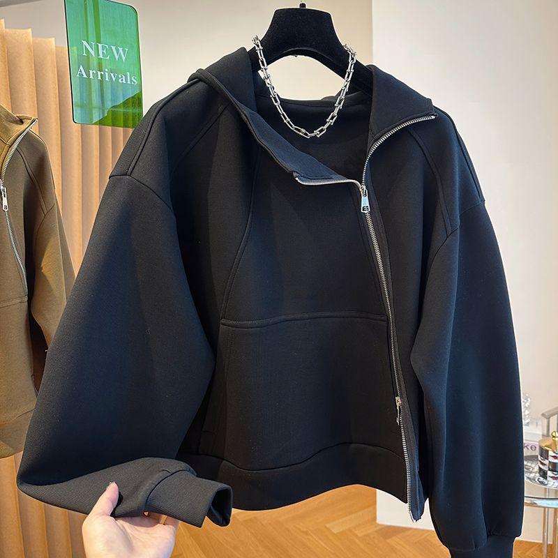 

Кардиган-толстовка с капюшоном свободного кроя на молнии по диагонали, женский, весна-осень, силуэт А-линии, топ L чёрный