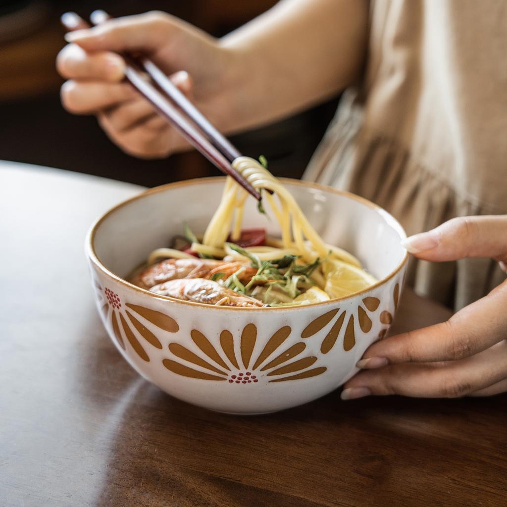 Pastoral Flower Ceramic Bowl Salad Bowl Round Noodle Bowl Household Retro Style Tableware Bowl Vegetable Bowl Soup Noodle Bowl