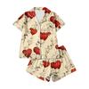 Damen Casual Mode Weihnachts-Print Kurzärmeliges Hausanzug-Set mit Knopfleiste, Kurzarm-T-Shirt und Shorts