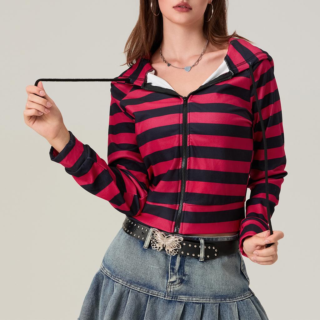 Damen Gestreifter Kapuzenpullover mit Reißverschluss Kontrastfarbe Raglan Langarm Herbst Sweatshirt Jacke