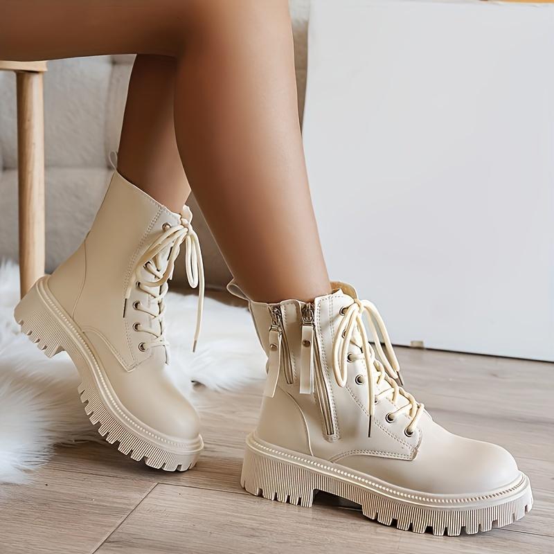 Mid Heel Platform Ankle Booties Women's Casual Ankle Booties Platform Lace-Up Boots  Winter Round Toe Comfort Shoes