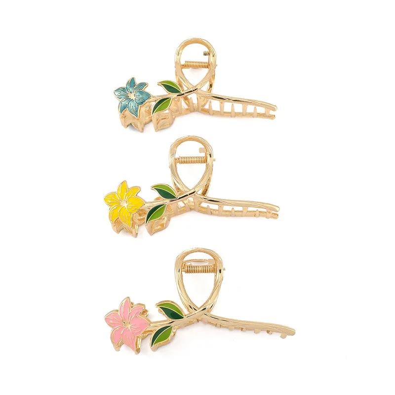 Fashionable Retro Metal Lily Flower Grab Clip for Women's Ponytail Shark Clips Gorgeous Elegant Sweet Girl Headwear Design Gift