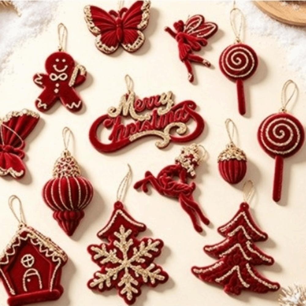 Red Flocked Velvet Christmas Tree Ornament Glitter Trim Xmas Pendant Tree Hanger Festival Layout