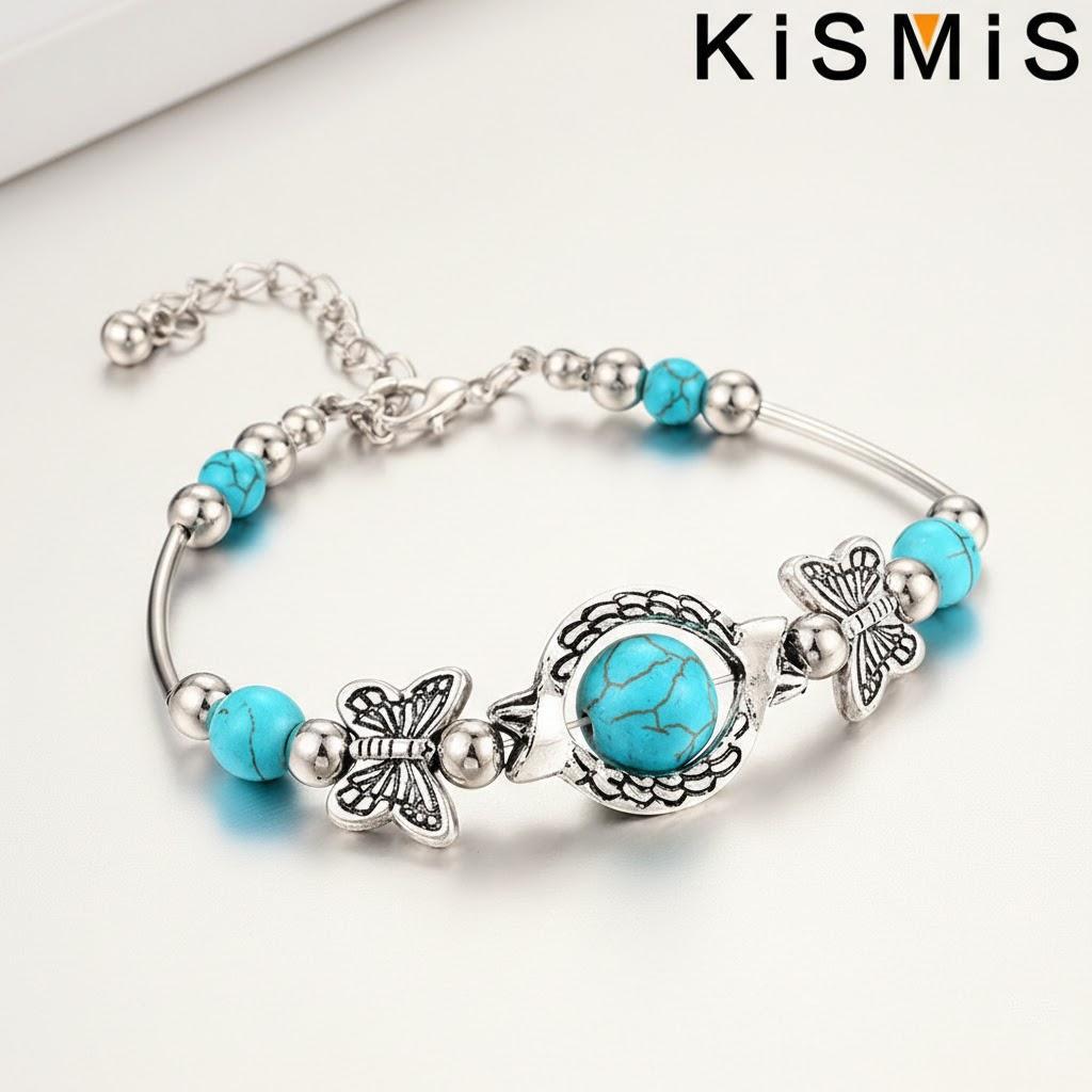 Bohemian Turquoise Beads Butterfly Bracelet Charm Adjustable Wrist Chain Jewelry for Women Girls Cute Fashion серебряный