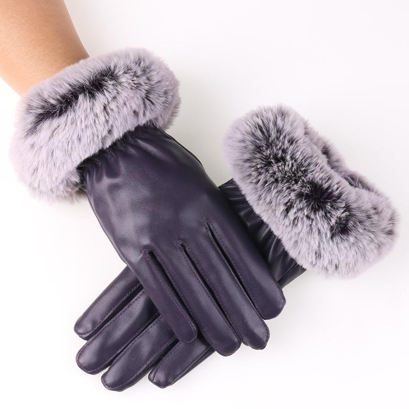 Winter Women's Warm Gloves PU Leather Plus Fleece Warm and Cold Proof Driver Rabbit Fur Mouth Winter Touch Screen Gloves