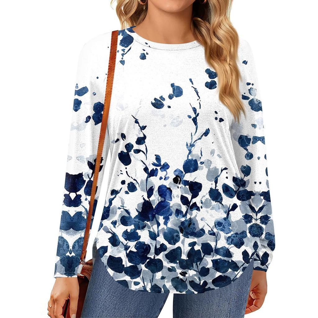 Womens Plus Size Tops Long Sleeve Shirts Round Neck Flowy Tunic Casual Loose Blouse L-5X