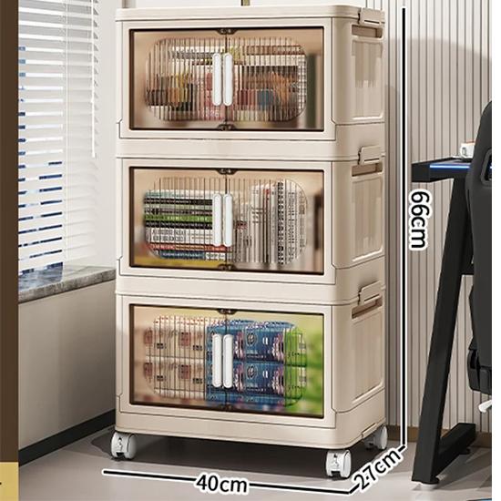 

Шкаф-органайзер большой емкости, открытый ящик для хранения с двойной дверью и колесиками с крышкой, штабелируемые складные корзины для сортировки закусок 40cm-3 layer белый