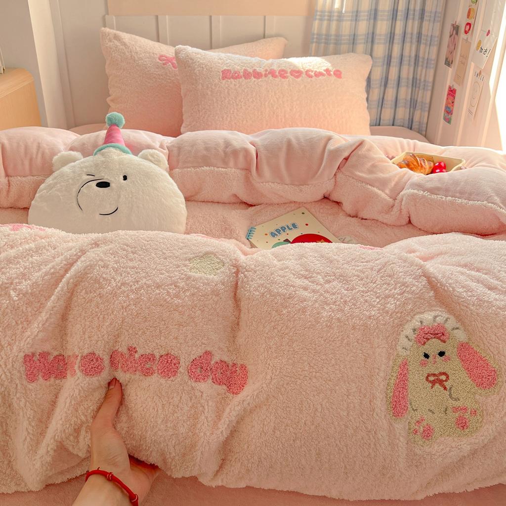 Thickened Milk Fleece Bed Four-Piece Set Warm Children'S Bedding Teddy Coral Fleece Quilt Cover Bed Sheet Three-Piece Set