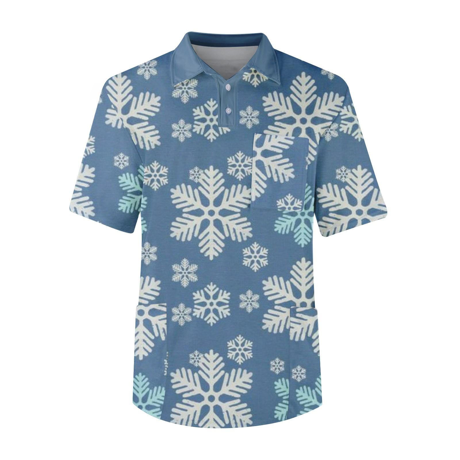 

Мужской топ с коротким рукавом, пуговицами, лацканами, рождественскими принтами, нагрудным карманом, Dry-nurse M