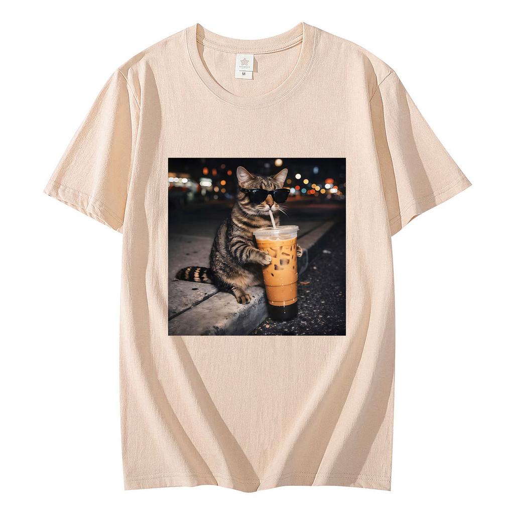 Funny Cat Drinking Coffee Meme Graphic T Shirts High Quality Fashion Short Sleeve Tshirts Men Women Casual Loose Cotton Tshirt