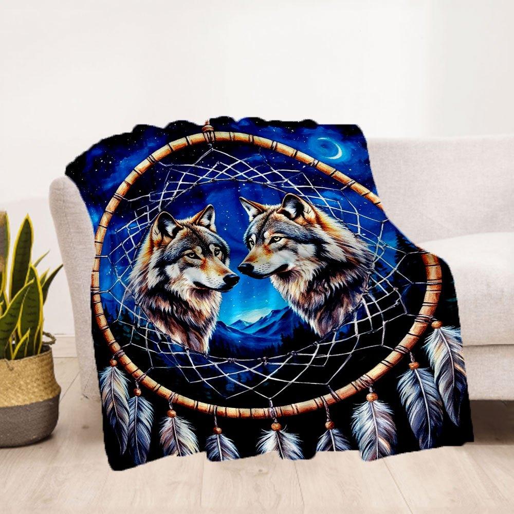 Dream Catcher with Wolves - Handmade Native American DecorBlanket Flannel Throw Blanket for Sofa, Bed, Travel, Camping, Office, Couch, Chair
