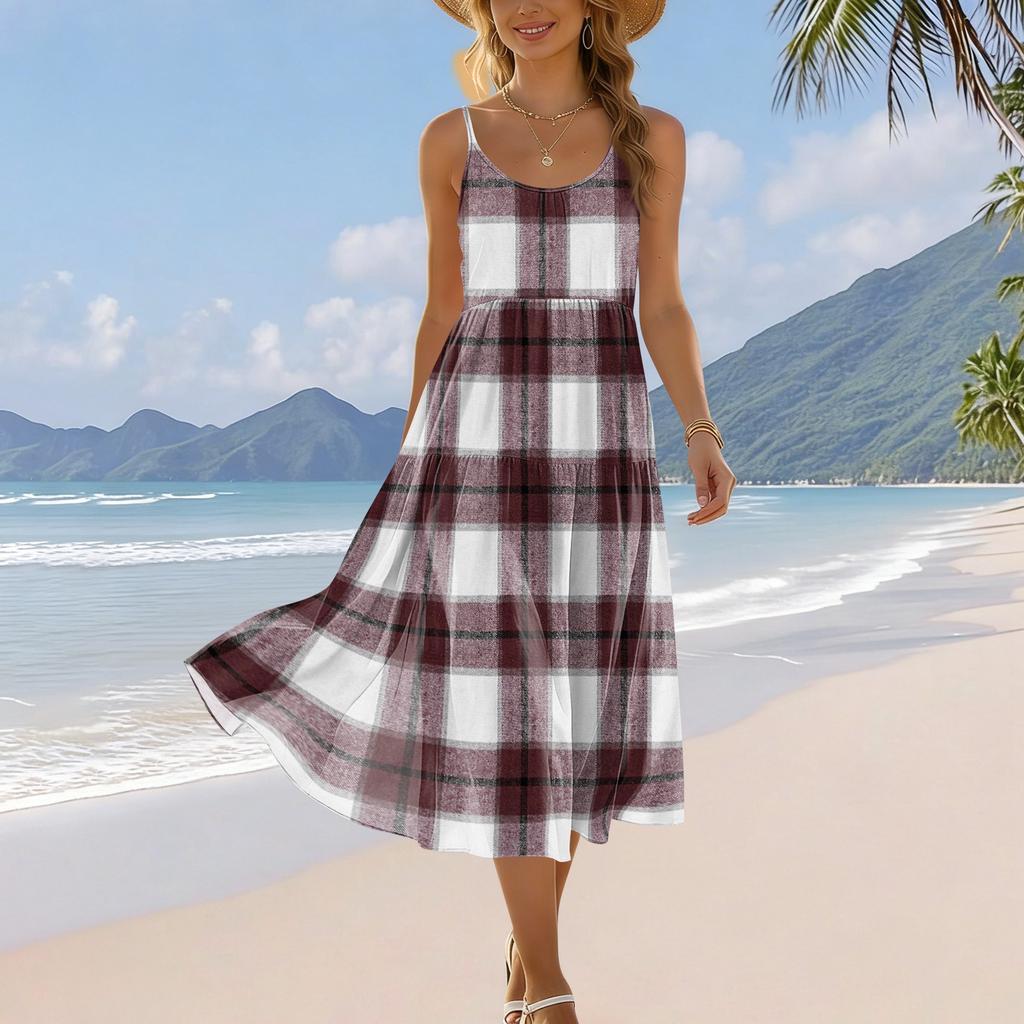 Women's Summer Fashion Printed Pocket Adjustable Shoulder Strap Bohemian Leisure Beach Resort Strap Dress