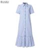 ZANZEA Women Casual Turn Down Collar Short Sleeve Stripe Shirt Dress