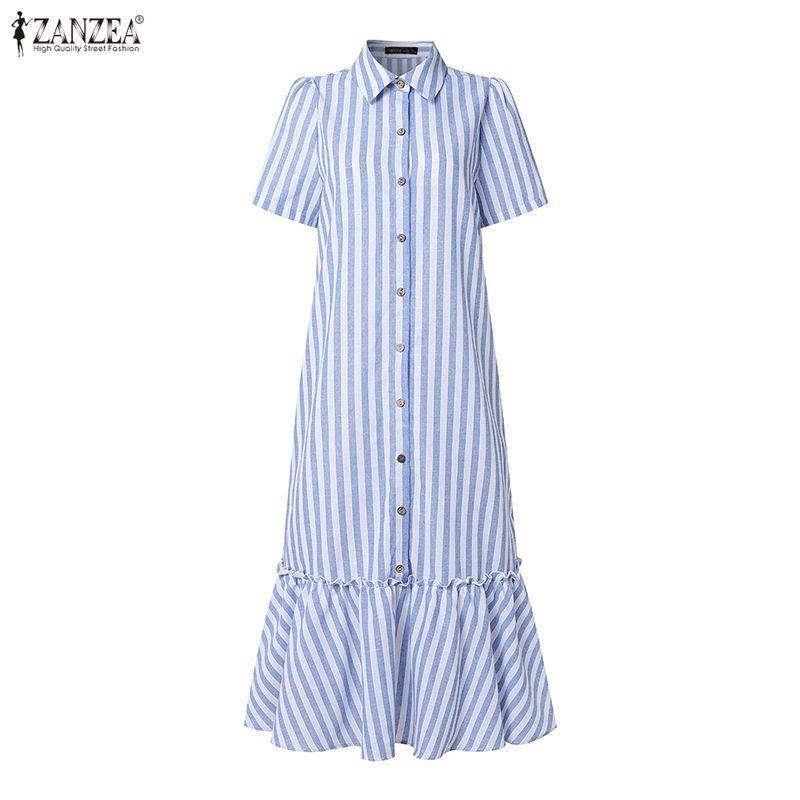 ZANZEA Women Casual Turn Down Collar Short Sleeve Stripe Shirt Dress