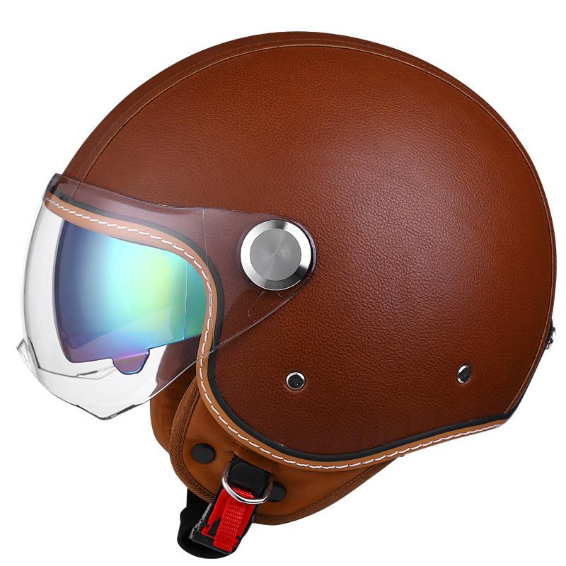 Double Striation Double Visor Leather Jet Helmets Daul Lens DOT Retro Open Face Motorcycle Helmets Double Visor Racing Helmet