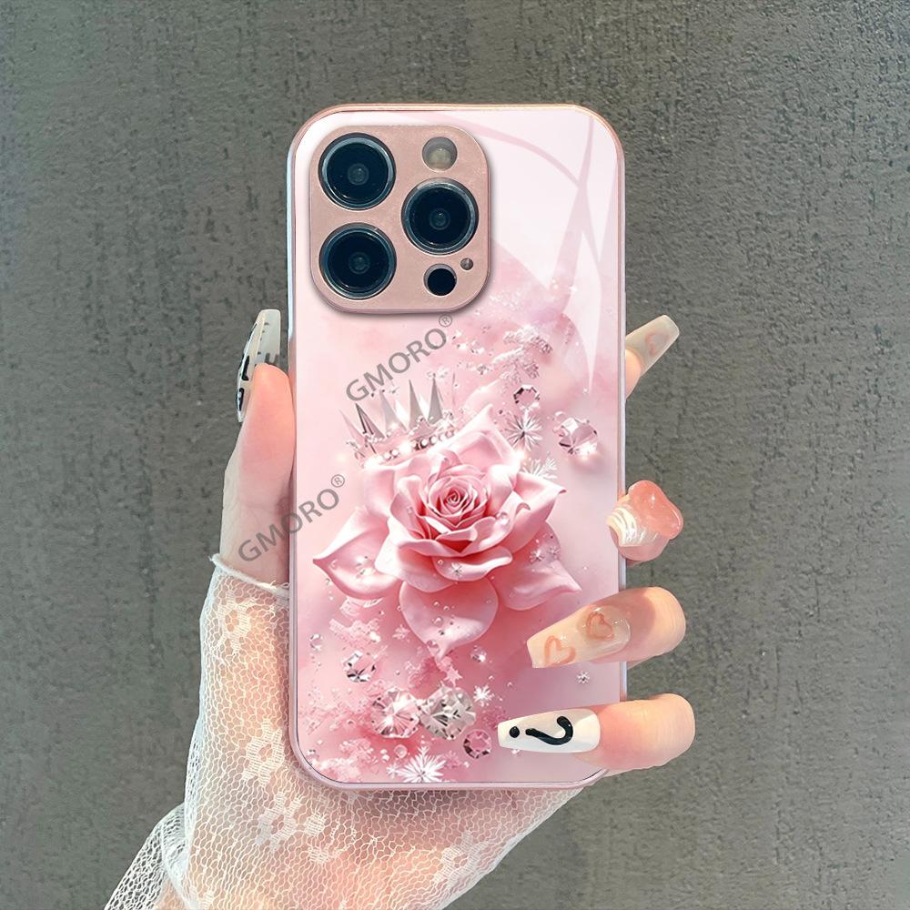 TK hot-selling dream broken diamond pink rose mobile phone case iPhone16 girls high-value Apple 17 glass hard case