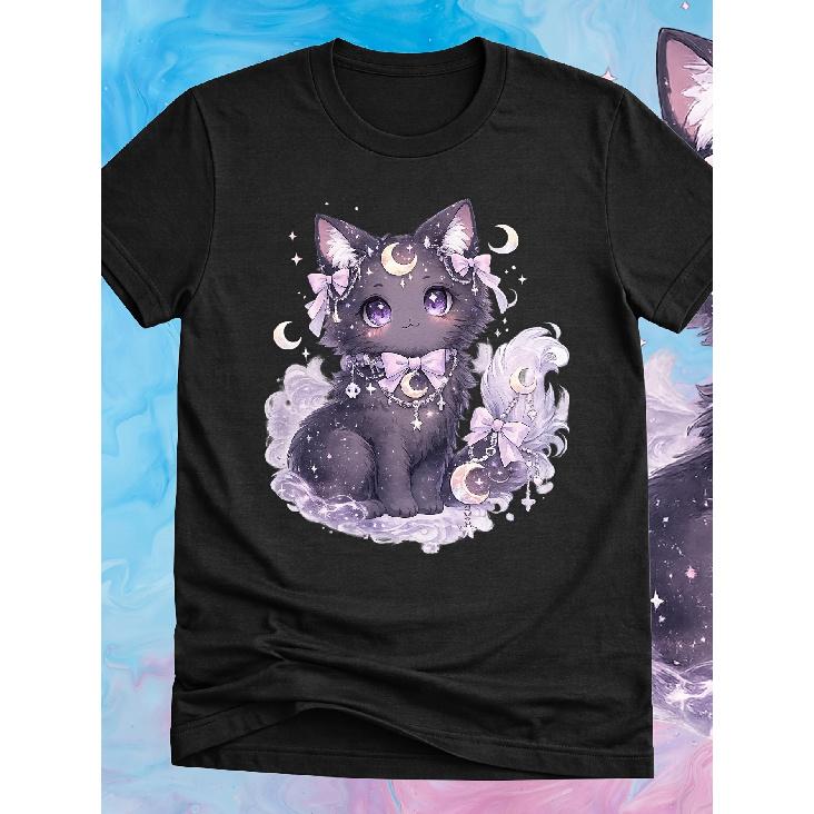 Pastel Goth Anime Galaxy Cat T-Shirt - Kawaii Celestial Aesthetics Magical Moon Kitten Harajuku Fashion Alt Clothing Men's and Women's Summer