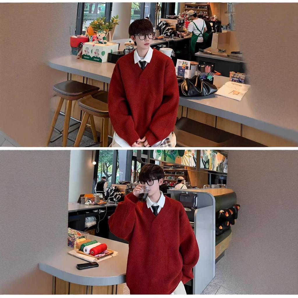 Autumn Winter 2025 Men's Casual Retro V-Neck Cardigan Sweater - Solid Color Knit Outerwear
