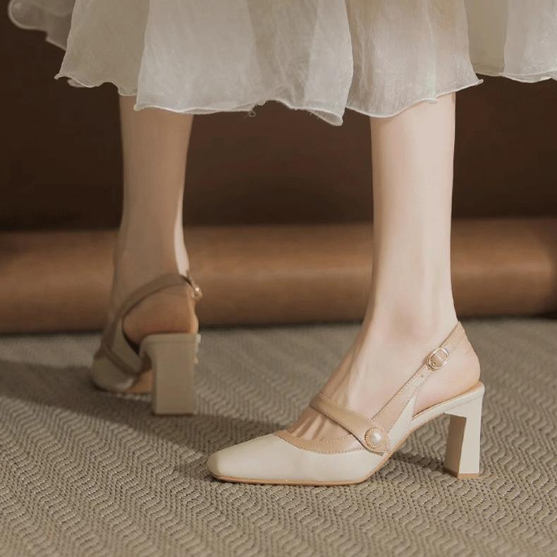 

NEW Cow Leather Thick High Heels Spring Brand Maiden Shoes Square Toe Brand High Quality Women Shallow Pumps 35 бежевый