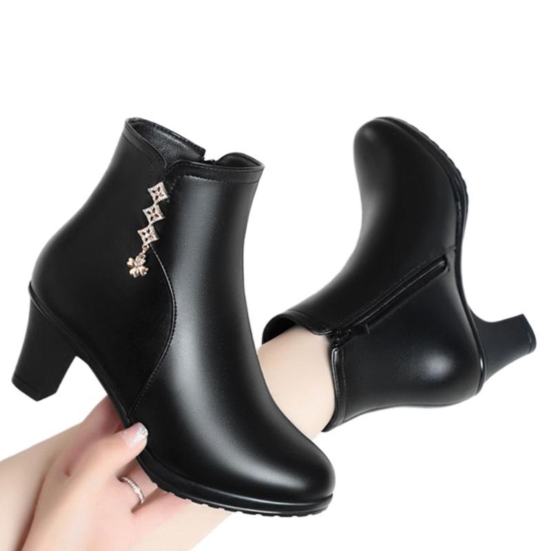New Leather Thick-heeled Boots Women Autumn and Winter Suede Slip-on Soft-soled Mid-heeled Boots Round Head Cotton Mother Shoes