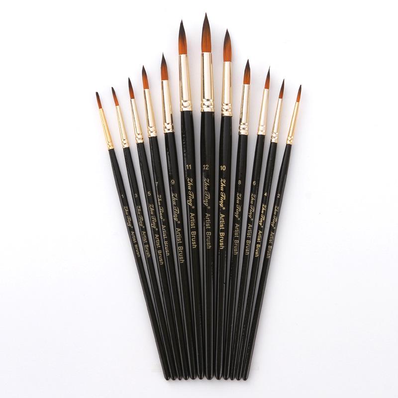 12-Color Double-Sided Nylon Bristle Round Tip Watercolor & Oil Painting Brush Set