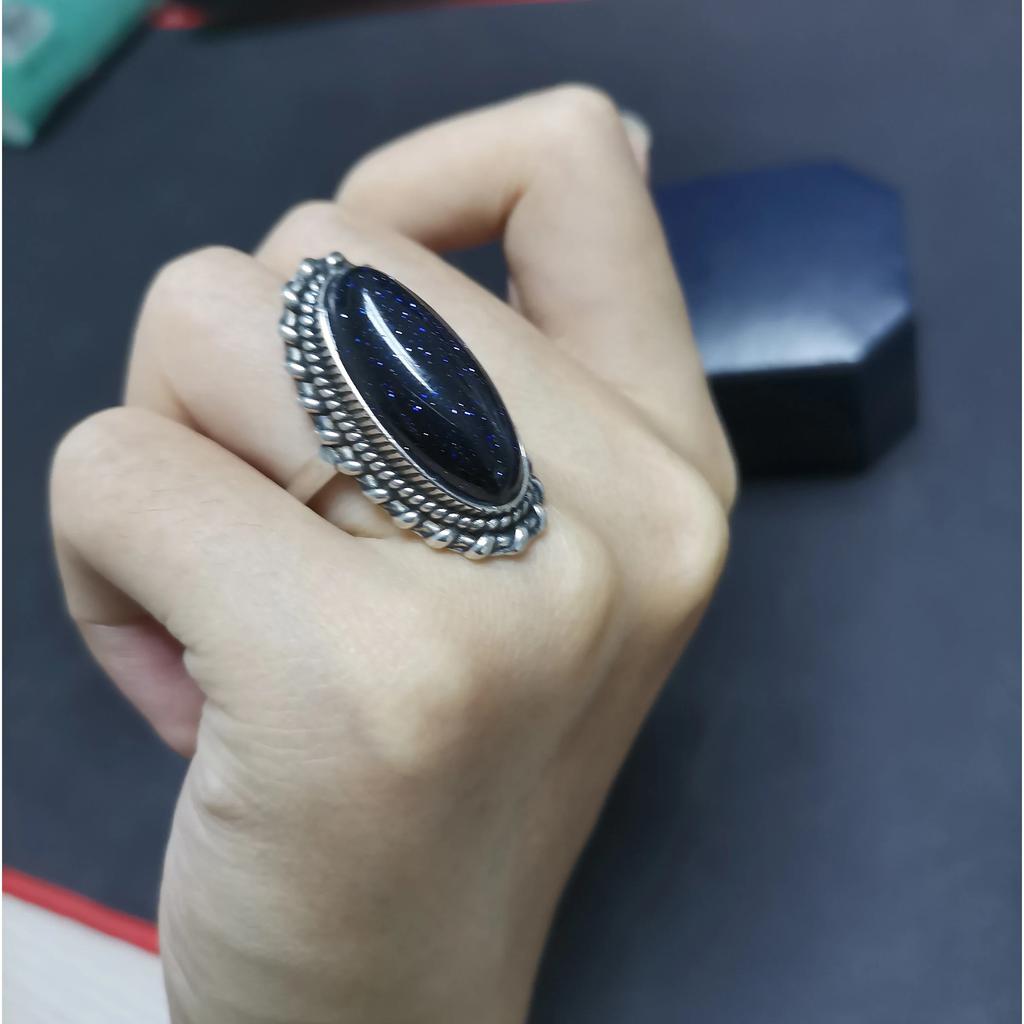 Retro Silberring Vintage Blaues Sandstein Großer Stein Luxuriöser Eleganter Ring Feines Geschenk Ringe für Damen Herren