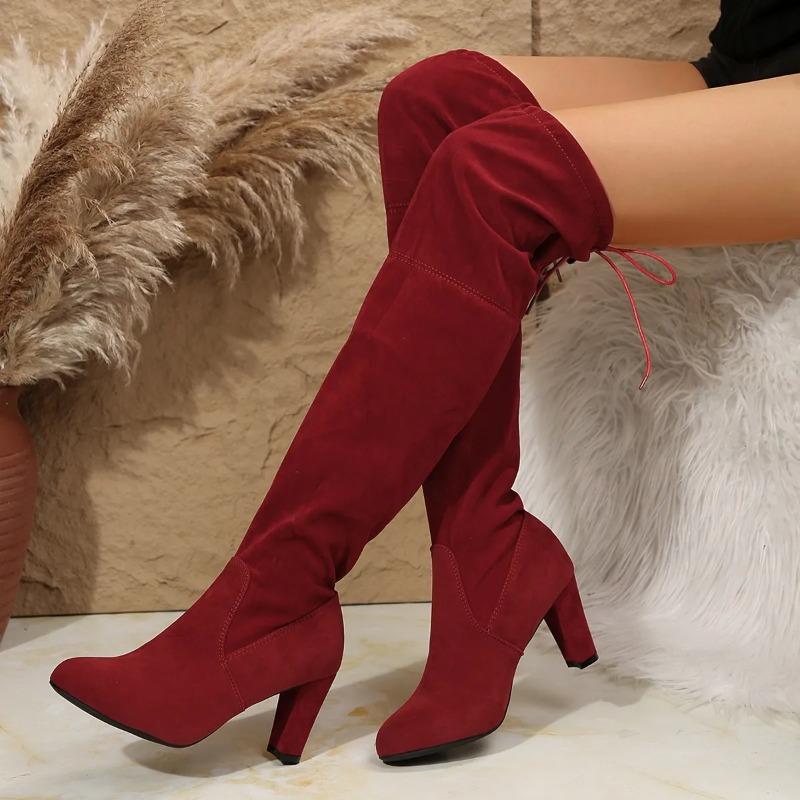 Elegant Grey Faux Suede Over-the-Knee Boots Woman Warm Plush Thigh High Botas Ladies Point Toe High Heel Lace-up Long Shoes