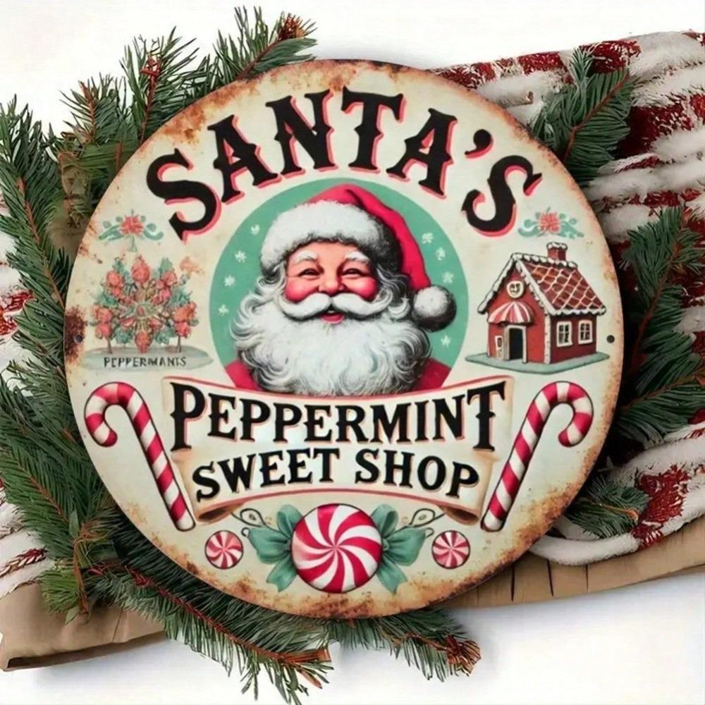 Vintage Santa Claus Candy Store Metal Tin Sign Christmas Wall Decor Holiday Gift