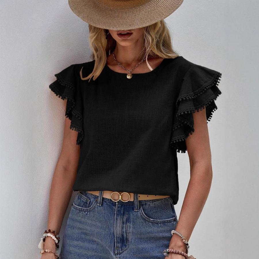 Women's Casual Round Neck Loose Summer Shirt with Ruffles Batwing Sleeves Short Sleeve Top for Women