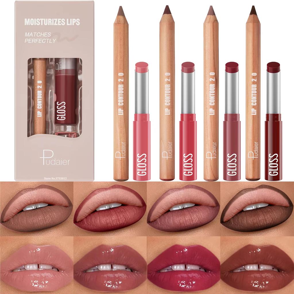 2 ks Sady kombinací tužky na rty, lesku na rty a rtěnky, efekt vodního světla s vysokým leskem, lesklá želé pevná rtěnka a matná konturovací tužka na rty pro konturovací make-up