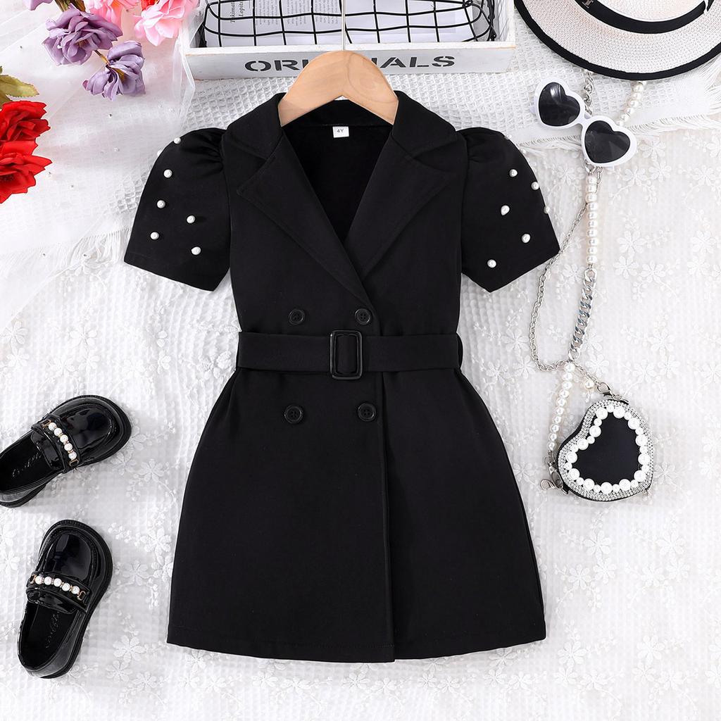 Neues Sommer-Neues Mädchen Einfarbiges Kurzarm-Freizeitkleid + Gürtel Zweiteiliges Set