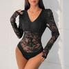 New Autumn Women's Lace Patchwork Long-sleeved V-neck See-through Jumpsuit