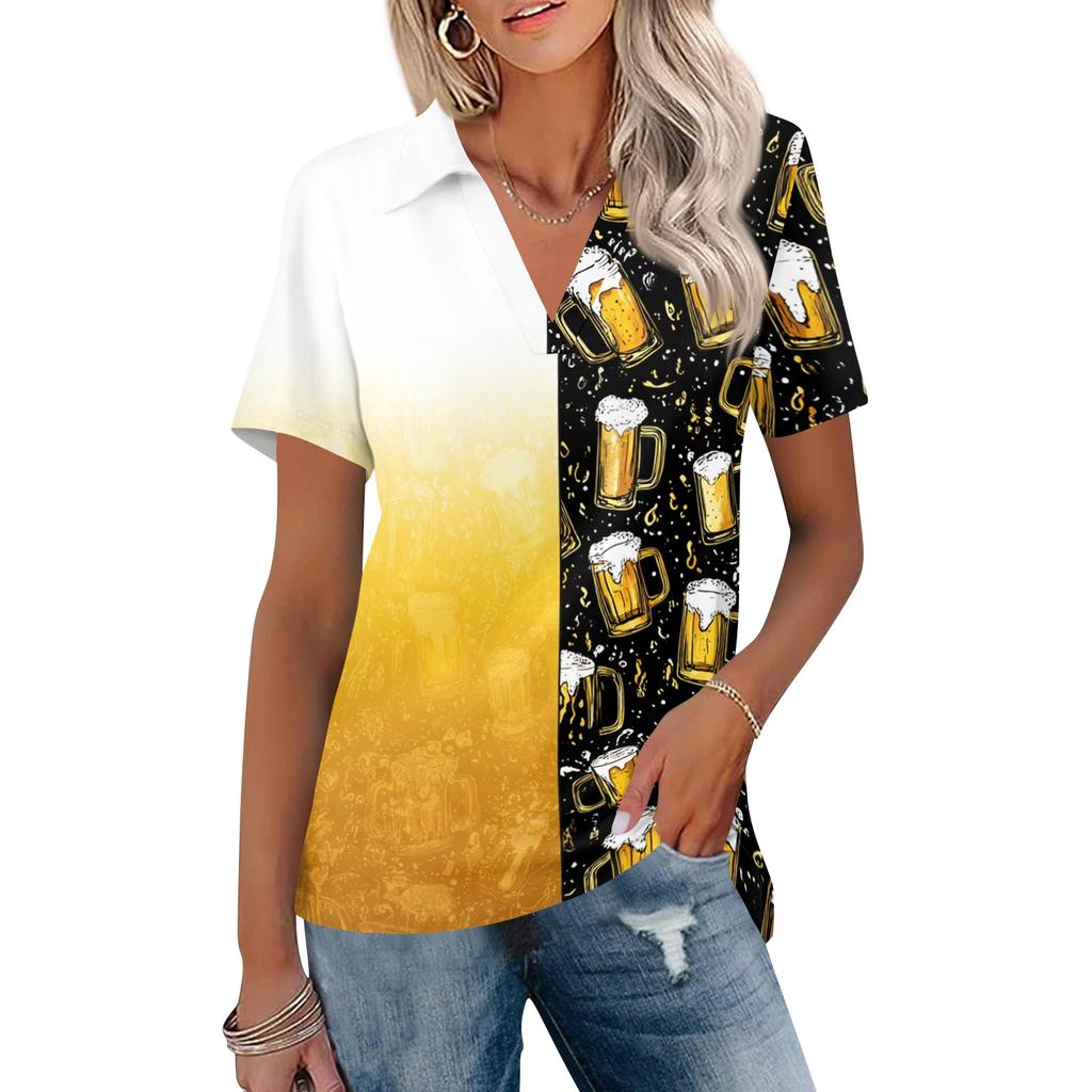 Women Casual V Neck Short Sleeve Oktoberfest Print Polo Shirt Lightweight Soft Fabric Relaxed Fit Summer Top