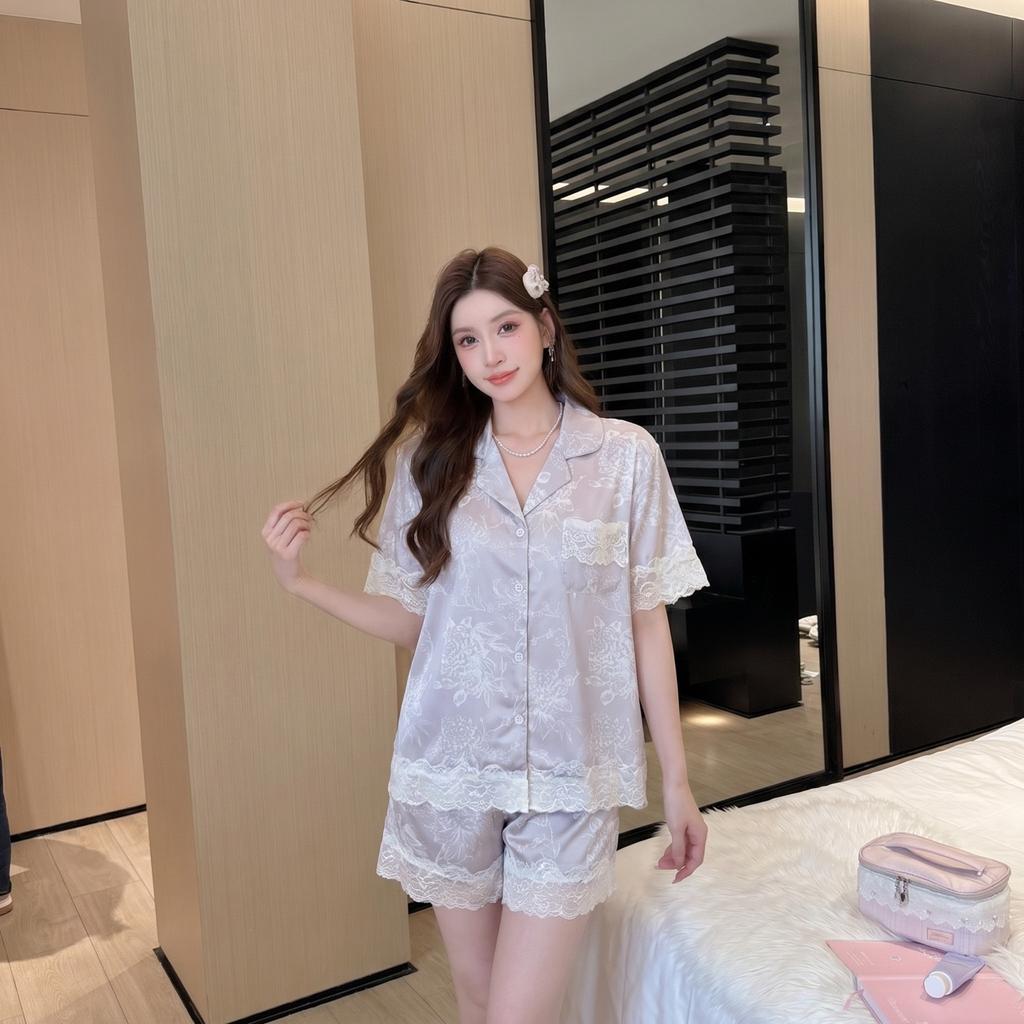 Ice silk pajamas women's summer new French light luxury high-end floral lace short-sleeved cardigan loungewear two-piece set