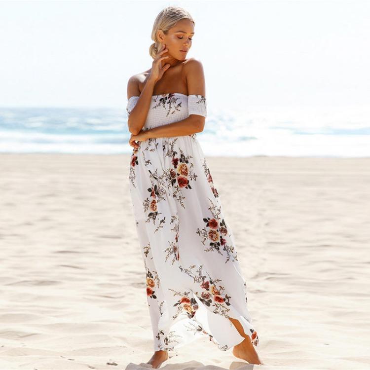 Women Off Shoulder Long Maxi Beach Dress Floral Print Chiffon Summer