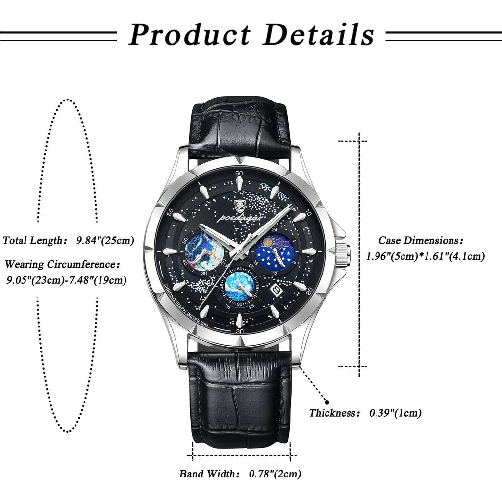 Starry Sky Watch with Leather Luminous Analog Quartz Watch with Leather Fashion Watch Boyfriend Gift Men's Strap, Waterproof Calendar, Strap, -