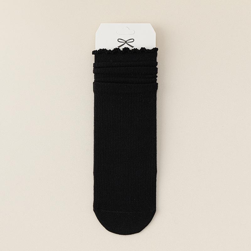Women's Mid-calf Socks, Boneless Pile Socks, Black Ear-trimmed Solid-color Cotton Socks, Sweat-absorbing and Breathable Long Socks